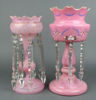 A Victorian gilt decorated pink glass lustre with clear drops 12" and one other ditto 14" 