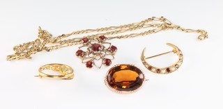 A 15ct gem set brooch, 3 others and a gold coloured chain 