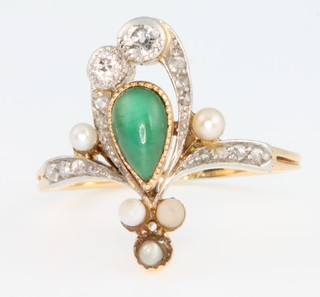 A yellow gold Art Nouveau style diamond, turquoise and seed pearl ring, size N