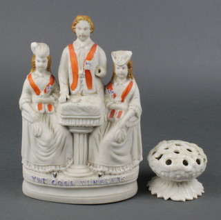 A Victorian bisque group "The Good Templars" 9" and  a white glazed Royal Worcester flower head posy vase 4"