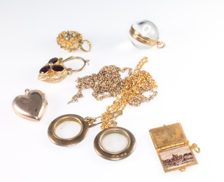 A 9ct gold chain, minor fobs and pendants 