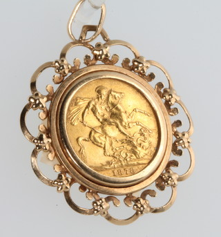 An 1878 sovereign in a 9ct gold mount