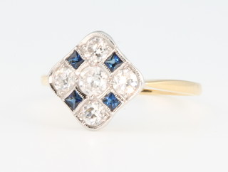 An 18ct yellow gold diamond and sapphire Art Deco style ring, size P 1/2