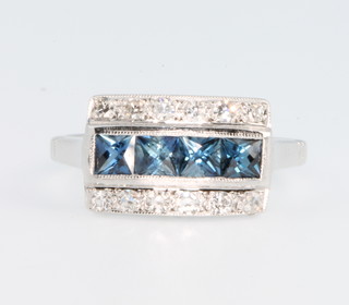 An 18ct white gold sapphire and diamond Art Deco style ring, size M 