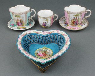 A Dresden pink ground cabinet cup and saucer decorated with figures and flowers, a turquoise ditto, an odd cup and a heart shaped dish 