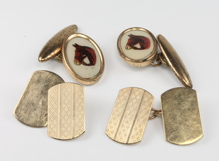 A pair of gentleman's 9ct yellow gold engine turned cufflinks 5 grams, a gilt pair of ditto  