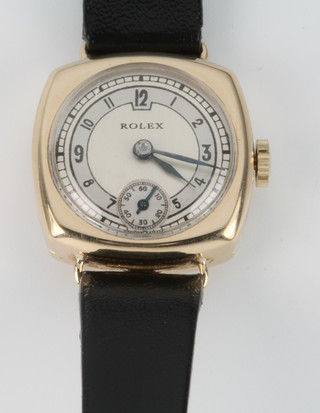 A lady's 18ct yellow gold Rolex wristwatch, seconds at 6 o'clock on a leather strap, Glasgow 1937 