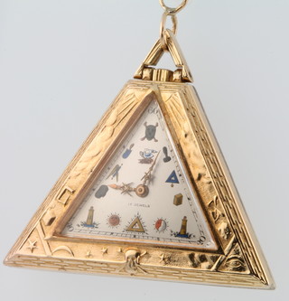 A 22ct gold plated triangular Masonic pocket watch, the painted dial with Masonic symbols the fancy repousse case with symbols, in a fitted box 