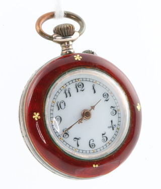 A lady's Edwardian guilloche enamelled fob watch, the red ground decorated with a dragonfly and butterflies 
