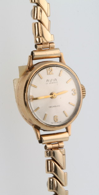 A lady's 9ct gold cased Avia wristwatch on an expanding gilt bracelet 