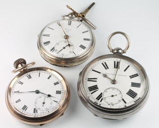 A silver cased key wind pocket watch with seconds at 6 o'clock, the dial inscribed Barrauds London 9315, 1 other and a gilt cased ditto 