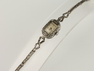 A lady's Art Deco silver and marcasite wristwatch, the dial inscribed, 17 jewels