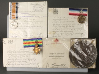 A group of medals 1914-15 Star, British War medal and Victory medal together with Death plaque and associated paperwork to G/5821 Pte.G.A.Denyer. The Queens.R.  