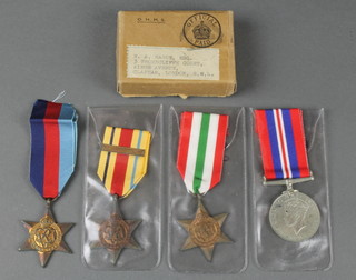 1939-45, Africa (with N.Africa 43/43 clasp) and Italy Stars and war medal in posting box to Cpl. W A Hague with issue slip 