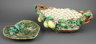 A 20th Century Italian Majolica two handled basket applied with fruit 17" and a similar dish decorated with strawberries 10"