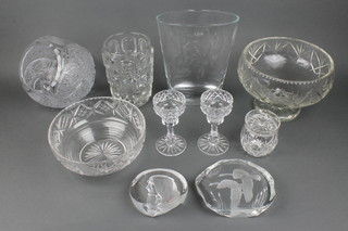 A Mats Jonasson paperweight of an Arab's head in profile 4 1/2", another of birds, two vases, a cut crystal fruit bowl 8", one other, a preserve pot, a pair of Tyrone crystal sherries and a crystal basket 