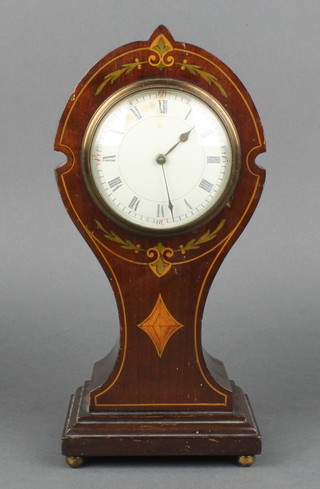 An Edwardian timepiece with enamelled dial and Roman numerals contained in an inlaid mahogany balloon shaped case 