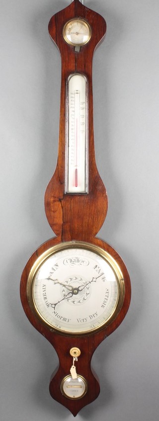 An 19th Century mercury wheel barometer and thermometer contained in a rosewood case with damp/dry indicator, thermometer and spirit level  