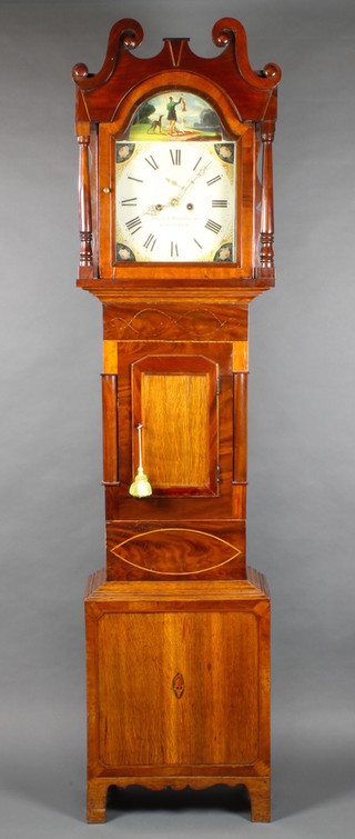 Dyson Brookhous of Sheffield, an 18th/19th Century 8 day striking longcase clock, having a 12" painted dial and contained in an inlaid oak and mahogany case 