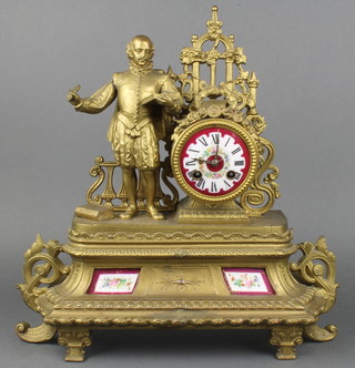A Victorian French 8 day striking mantel clock with red porcelain dial and Roman numerals contained in a gilt spelter case, surmounted a figure of William Shakespeare 