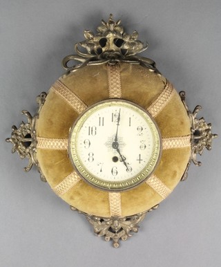 A wall clock with paper dial and Arabic numerals contained in a green velvet and gilt mounted case with quartz movement 