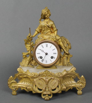 A 19th Century French 8 day striking mantel clock with enamelled dial and Roman numerals contained in a gilt spelter and alabaster case surmounted by a figure of a seated lady gardener  