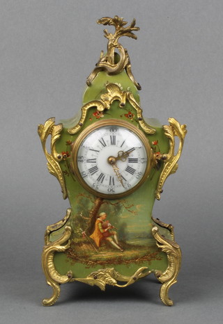 L R Revete, a French 19th Century timepiece with enamelled dial and Arabic numerals contained in a shaped green painted case decorated a figure of a seated piper with gilt metal mounts throughout 9" 