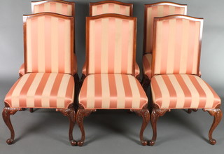 A set of 6 Georgian style mahogany dining chairs with upholstered pink striped silk seats and backs, raised on cabriole supports 