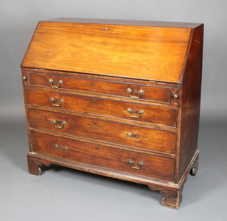 A George III mahogany bureau, the fall front revealing a well fitted interior, above 4 long graduated drawers, raised on bracket feet 42"h x 42"w x 20"w
