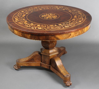 A Victorian Continental inlaid walnut circular pedestal table, raised on an octagonal baluster turned column and triform base with paw feet, the top profusely inlaid flowers, 29"h x 38" diam. 
