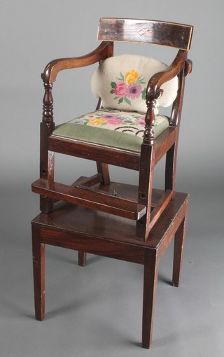 A 19th Century inlaid mahogany childs training chair with shaped mid rail and upholstered seat, raised on turned and block supports complete with stand 
