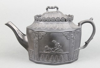 A 19th Century black basalt serpentine teapot with classical figures and scroll handle with sliding lid 9 1/2" 