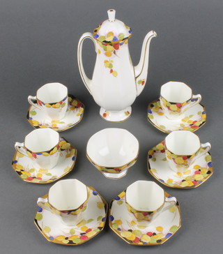 A Royal Doulton Art Deco octagonal coffee set with floral decoration comprising coffee pot, 6 cups, 6 saucers and a sugar bowl  H3768