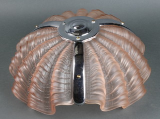 An Art Deco pink glass 3 section shell hanging light