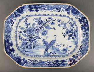 An 18th Century Chinese blue and white octagonal meat plate decorated with exotic birds in a garden 14" 