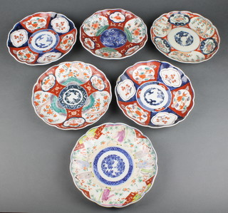 6 late 19th Century Imari scallop shaped dishes with panels of flower and figures 9" 