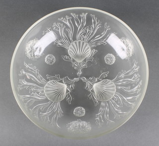 A Lalique style frosted glass shallow bowl decorated with shells, anemone and seaweed 10 1/4", 3 glass scent bottles