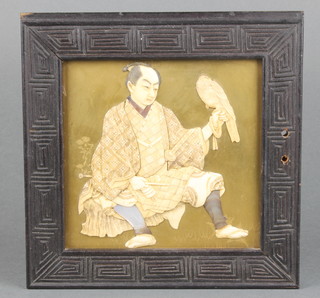 A good Meiji period Japanese lacquered panel depicting a seated man with falcon, decorated with ivory, bone and mother of pearl  (ex cabinet door) 5" x 5" 