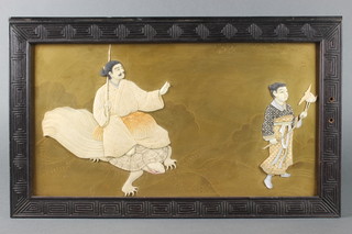 A good Meiji period Japanese lacquered panel depicting a man riding a turtle with an attendant, inlaid with ivory, bone and mother of pearl (ex cabinet door)  9 1/2" x 16" 
