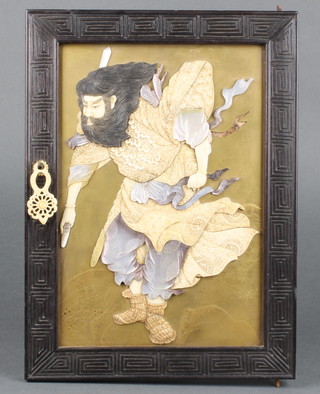 A good Meiji period Japanese lacquered panel depicting a warrior with stained ivory, bone and mother of pearl decoration (ex cabinet door) 9 3/4" x 6 1/2" 