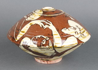 Yolande Beer, a high glazed bulbous pottery vase inscribed with stylised figures, signed 5" 