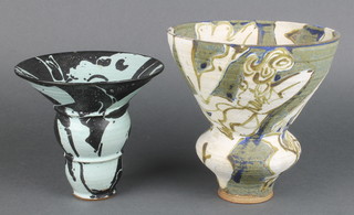 Yolanda Beer, an unglazed Studio Pottery flared neck vase decorated with stylised figures, signed and dated 1982 6 1/2", a glazed turquoise and black ditto 6" 
