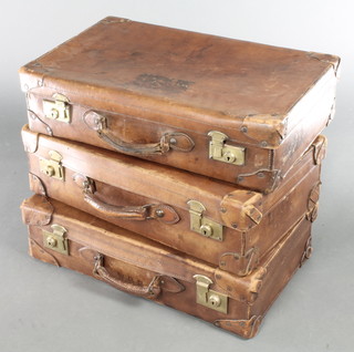 4 brown leather suitcases with brass locks, 6" x 24" x 15" 