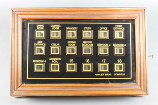 Fowler Brothers Cowfold, a servant's indicator board with 18 bells - dining room, drawing room, orangery, study, office, front entrance, side entrance, cellar, sitting room, master bedroom, bedroom one, bedroom two, bedroom four, swimming pool, 15, 16, 17 and 18