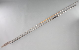 A spear with 8" shield shaped blade and 1 other with 32" elongated blade