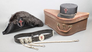An American Knights Templars Chapeau hat, a ditto Kepi and a leather sword belt, complete with  carrying case 