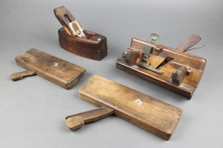 A 19th Century plough plane marked AW Dibb York, 2 wooden moulding planes marked 20 and a wooden smoothing plane 