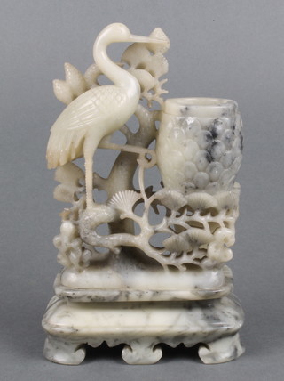 A Chinese carved white veined soapstone brush pot decorated a stork 8 1/2" 