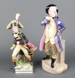 An early 20th Century porcelain figure of a soldier on a square base 10" together with a ditto figure of a gentleman standing by a column 12" 