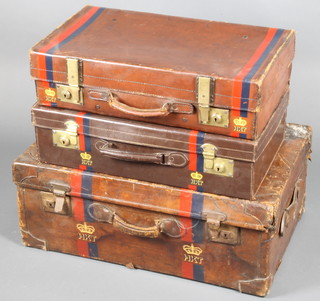 A brown leather suitcase 12" x 28 1/2" x 18" marked Captain S G H Rehd, some damage to the corners and 2 other brown leather suitcases with brass locks 24"h x 14"w, all with blue and red stripe, marked HKT 